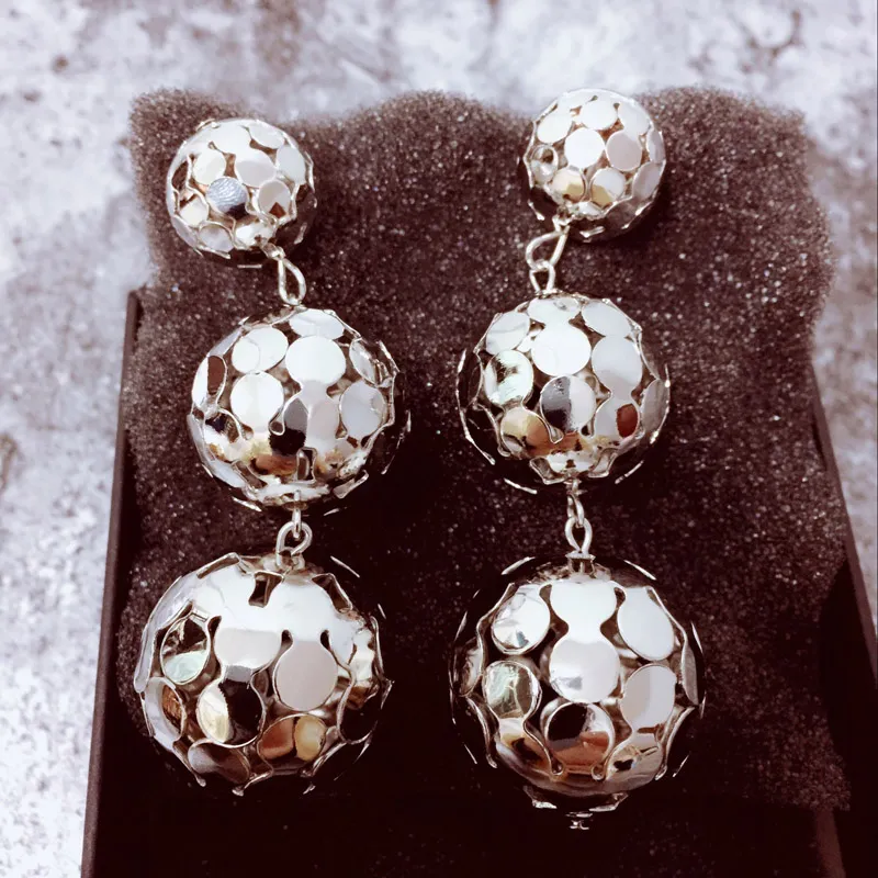 Brand Triple Metal Balls drop earrings for women Fashion Punk jewelry Gold Hollow Ball dangle earrings Pendant Vintage Bijoux