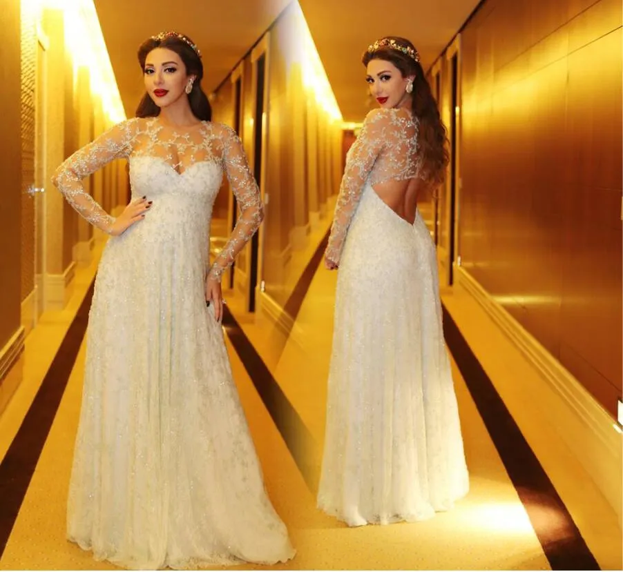 Myriam Fares Promのドレス高級クリスタルビーズレースフォーマルイブニングドレス長袖ボールガウン帝国シェイプレースガウン