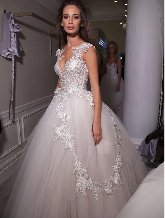 Pnina Tornai Robe De Mariée Incroyable Dentelle Perles Détail Col En V Cap Manches Princesse A-ligne 2016 Pleine Dentelle Robes De Mariée