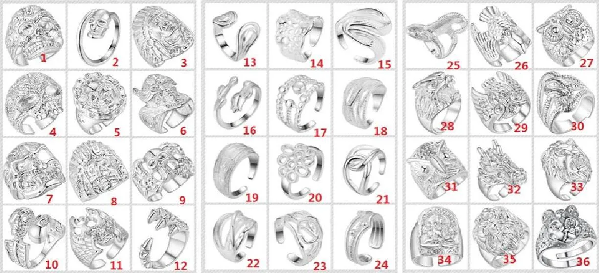 2018 Mode Ordre mixte 36 style 36pcs plaqué argent sterling 925 crâne animal anneau peut être ajusté anneau d'ouverture cadeau de la Saint-Valentin