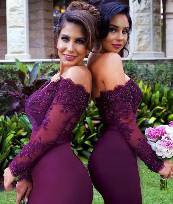 Burgundy Satin Mermaid Long sleeve bridesmaid dresses with Off-Shoulder Design, Beaded Appliques, and Long Sleeves - HY241 Burgundy Satin Mermaid Long sleeve bridesmaid dresses with Off-Shoulder Design, Beaded Appliques, and Long Sleeves - HY241