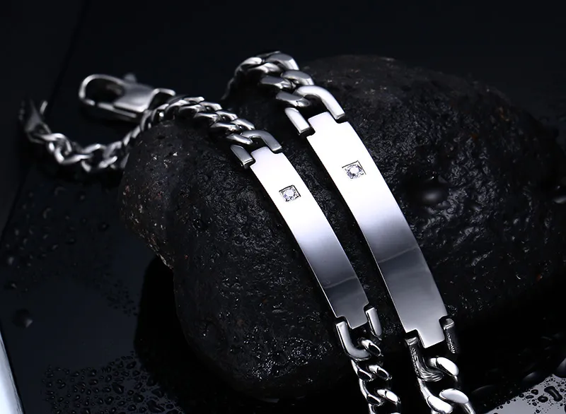 2015 Newest Romantic Lovers' Style Sweet Gift Silver Stainless Steel Link Chain Shining Crystal Smooth ID Bracelet Hotsale