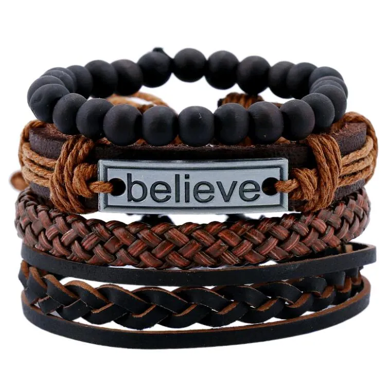 Punk Retro Vintage Weave Bracelet Sets PU Leather Believe Braided Rope Hand Jewelry for Men Women