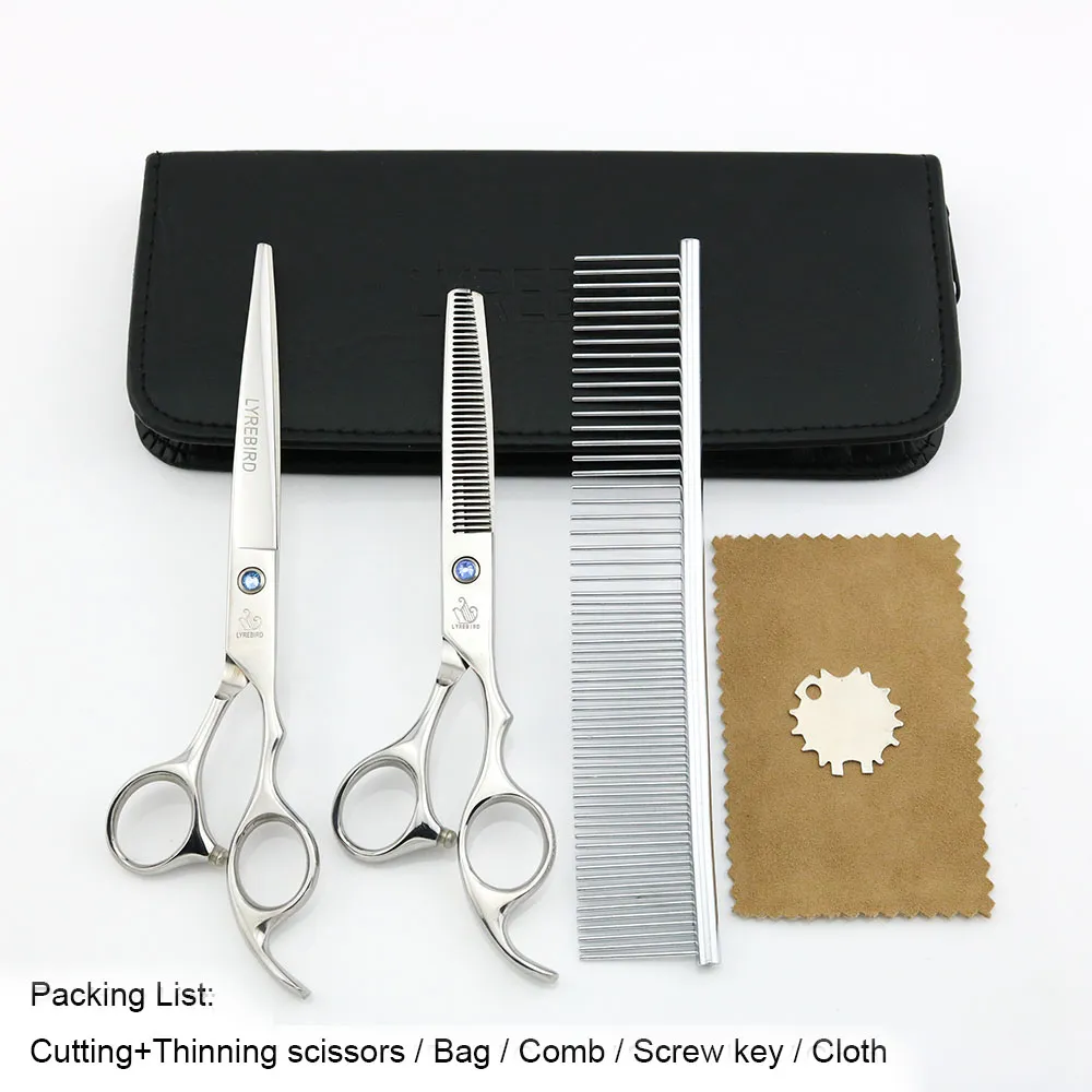 Hair Sax 7 tum Skärande sax 6,5 tum Tunna Shears Lyrebird Silvery Dog Grooming Scissors Blue Stone Ny