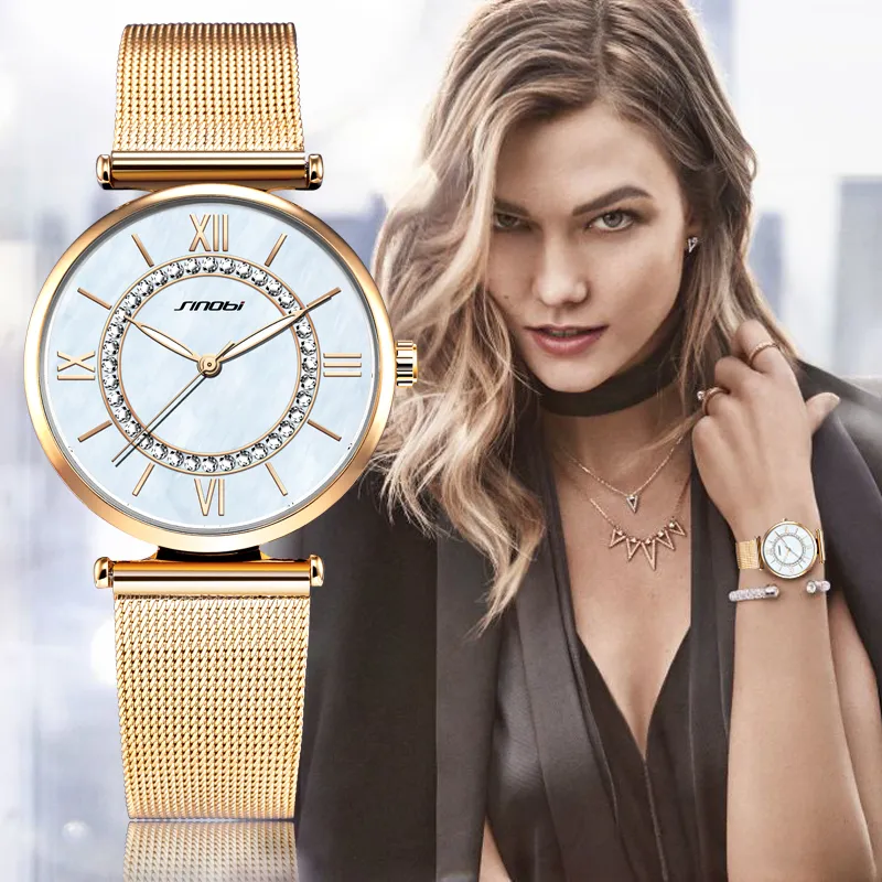 SINOBI Super Slim Gold Mesh Stainless Steel Watches Women Top Brand Casual Clock Woman Wrist Watch Lady Relogio Feminino