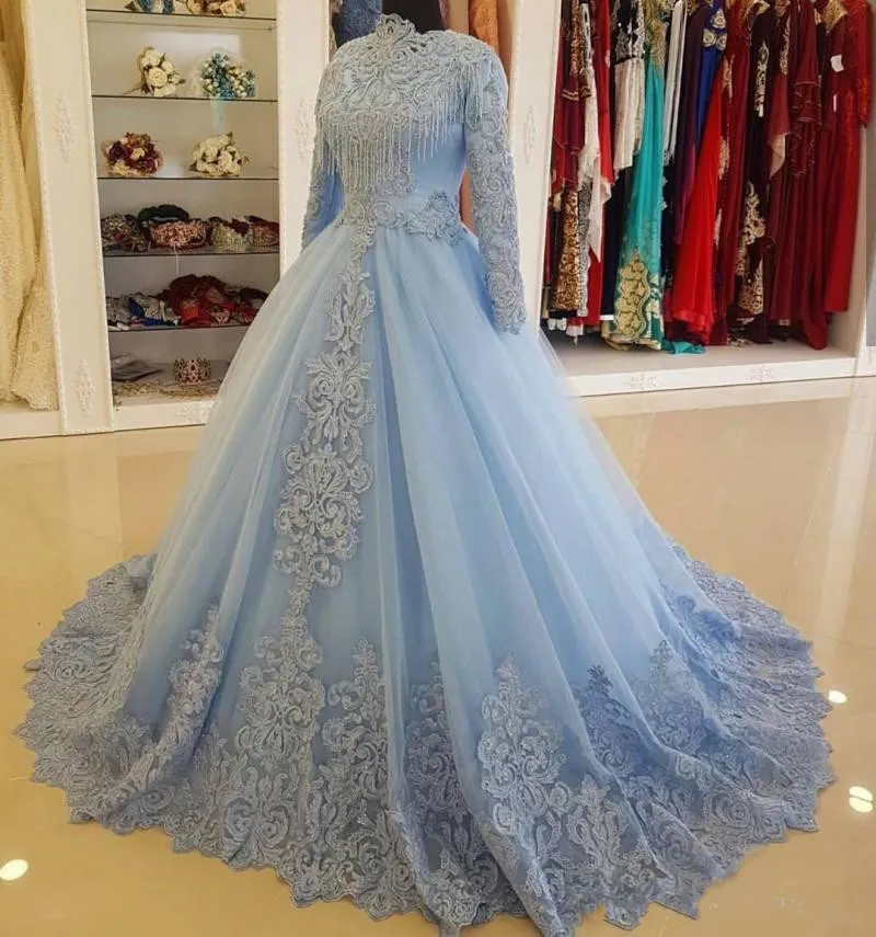 Charming Blue Muslim Lace Ball Gown Wedding Dresses With Long Sleeves High Neck Appliqued Bridal Dress Tulle Beading Plus Size Wedding Gowns