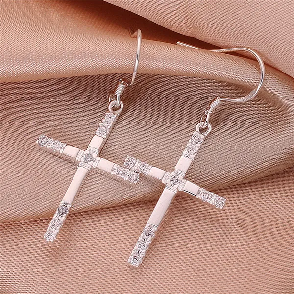 Top qualité 925 Sterling Silver Cross Dangle Earrings avec des bijoux de mode Zircon assez mignon cadeau de Noël livraison gratuite