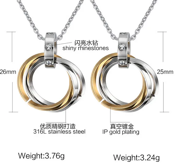 Silver Blue Black&Gold Three Colours To Choose Fashion Stainless steel & Crystal 3 Circles Pendant Couple Necklaces Charm Gifts