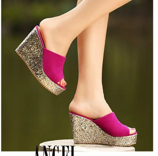 Sequined Glitter Platform Wedge Kvinnor Sandaler Skor Strand Slipper Blå Fuchsia Svart Storlek 34 till 40