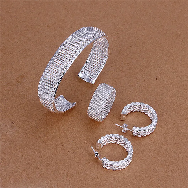 S249 Fabriek Prijs 925 Sterling Zilver Mesh Bangles Ring Stud Oorbellen Mode-sieraden Set Bruiloft Gift Gratis verzending