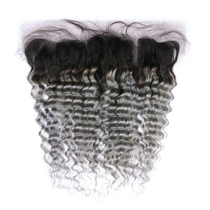 Paquetes de cabello humano de Ombre gris plateado de Malasia 3 piezas con encaje frontal 13x4 Onda profunda Ombre 1B Gris Frontal de encaje completo con tejidos