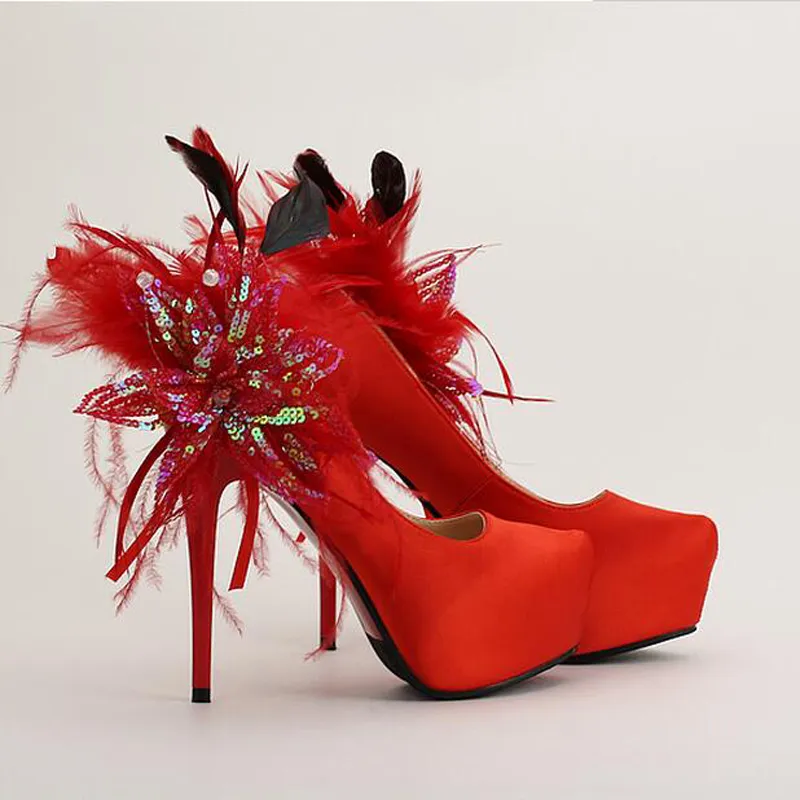 Plataformas de tacón de aguja, zapatos de novia de satén rojo, flor brillante, plumas, punta redonda, zapatos de vestir de boda, zapatos de tacón para mujer, tamaño real