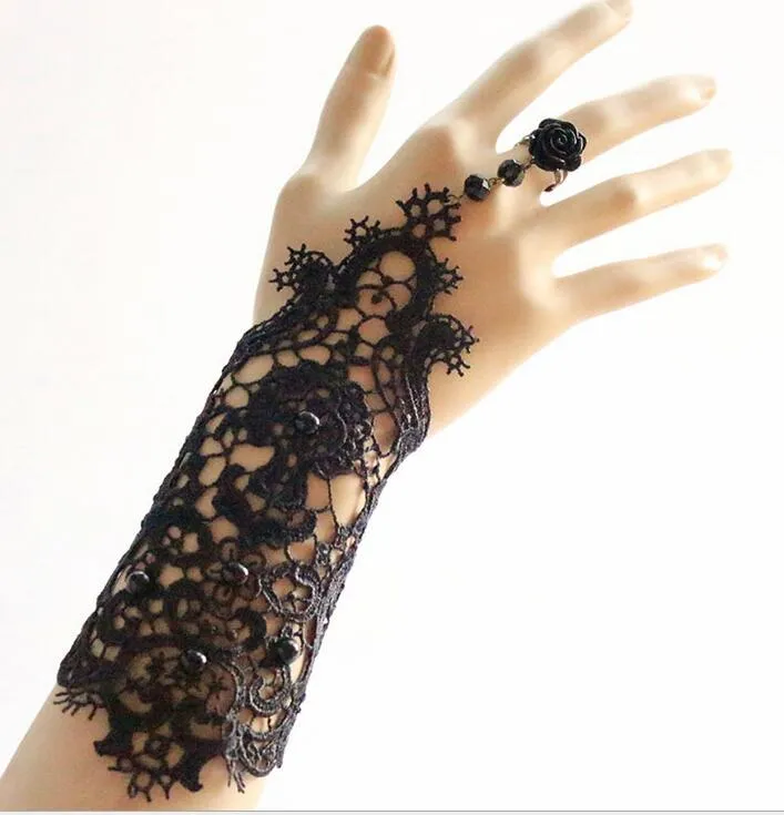 gants de mariage Rétro gothique exagéré les gants de mariée dentelle noire robe de mariée accessoires demoiselle d'honneur studio bijoux bracelet bague BB04