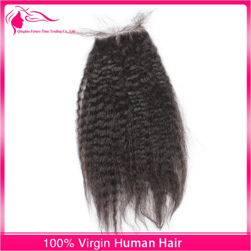 9A Mongol Kinky Em Linha Reta Cabelo Humano Com Fechamento Livre Médio Três Parte Italiano Yaki Grosso Lace Encerramento Com Bundles 4 pçs / lote