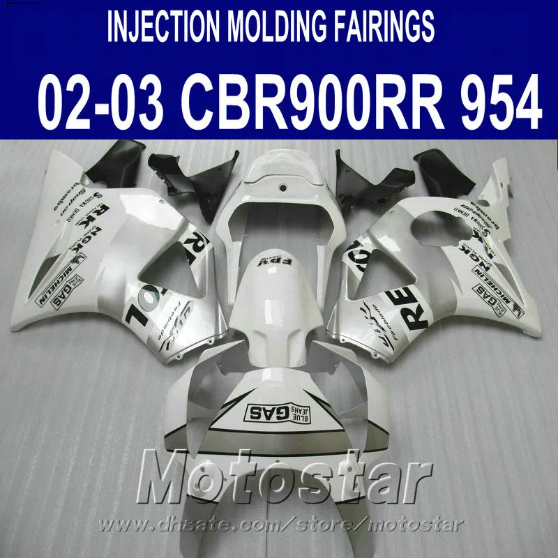 Gratis Anpassa Fairing Kit för Honda Injection Golding CBR900RR Fairings 954 2002 2003 CBR 900RR Vit Silver Repsol Set CBR954 02 03 YR54