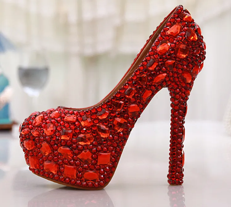 Бесплатная доставка красный кристалл Rhinestone Алмаз 14 см высокие каблуки женщины свадебные свадебные туфли женщины большой размер 42 43 партии выпускного вечера обувь