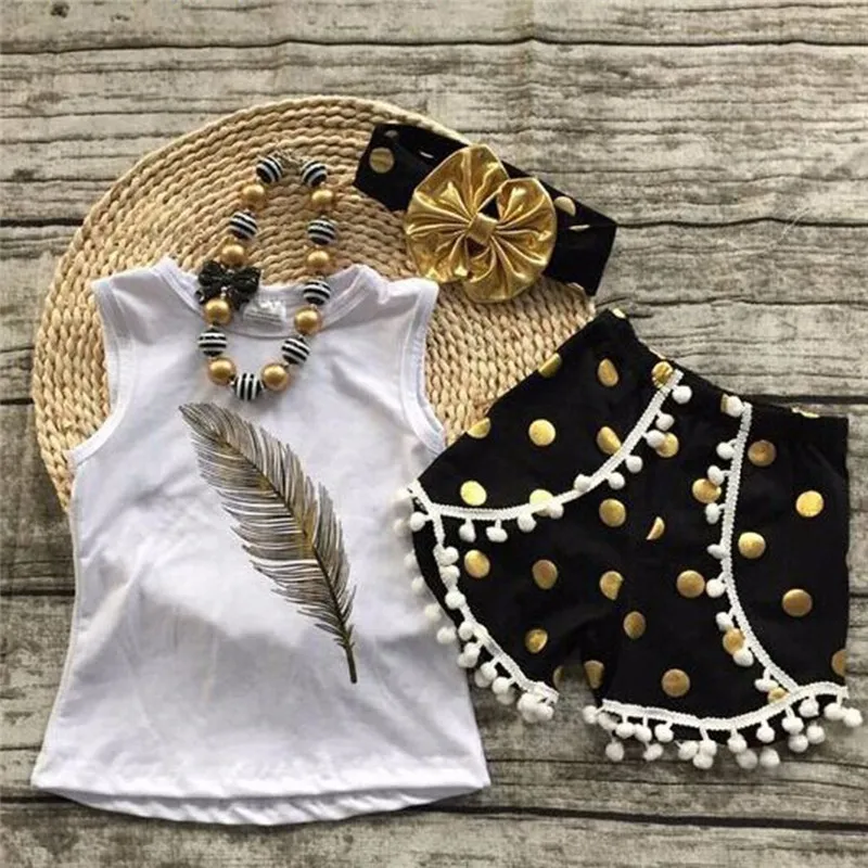 Meisjes kleding 3 stks baby meisjes zomer kleding sets veren printing vest casual tops + dot kwast shorts gouden hoofdband zomer kleding sets