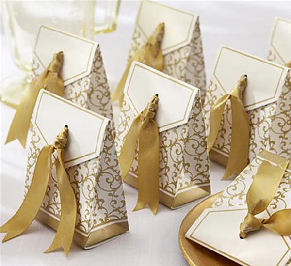 Ribbon Wedding Candy Paper Box Creative Golden Silver Ribbon Wedding Favours Party Gift Candy Paper Box Boxes Candies Favou266P