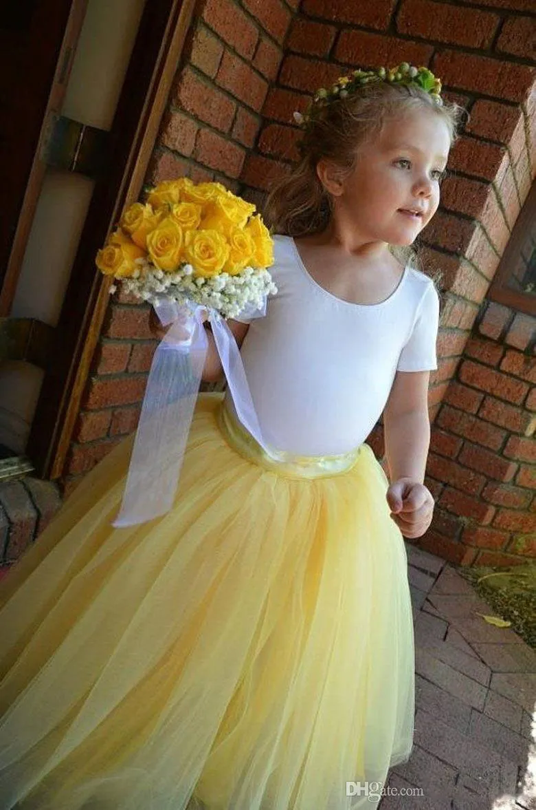 Tutu Lovely Yellow Long Flower Girl Tulle Kjolar En linje Pläterad Golvlängd Handgjorda Barnens Bottoms Part Kjol