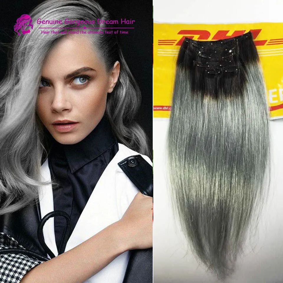 Ombre Grey Clip In Hair Extensions 7pcs Set 1b Grey Human Hair Weave Straight Chinese Human Hair