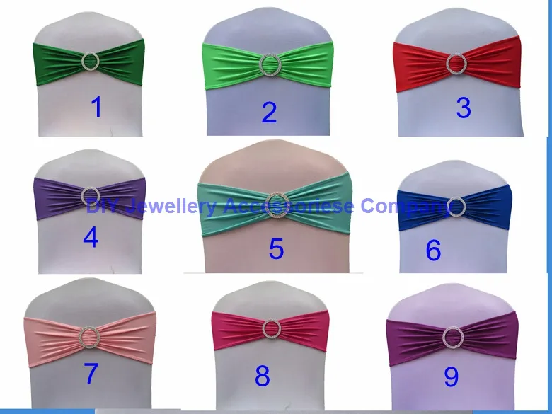 DHL 100st Pick Colors Hemmed Spandex Lycra Chair Bands Elastic Chair Sash Chair Band med Buckle Wedding mer än 60 färger 238Q