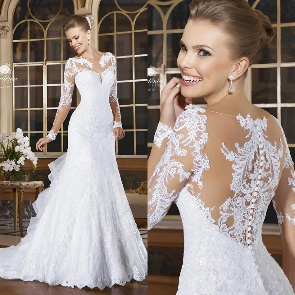 Romantique Manches Longues Sirène De Mariage Appliques Dentelle Robes De Mariée Plus La Taille Bouton Retour 2017 Robe De Noiva Court Train