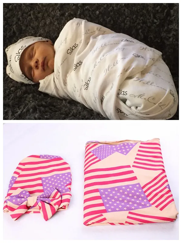 Pasgeboren baby baby Amerikaanse vlag hoed + swaddle dekens gewikkeld douchecap doek mousseline katoenen badhanddoek Multi-functies Aden Anais MZ9107