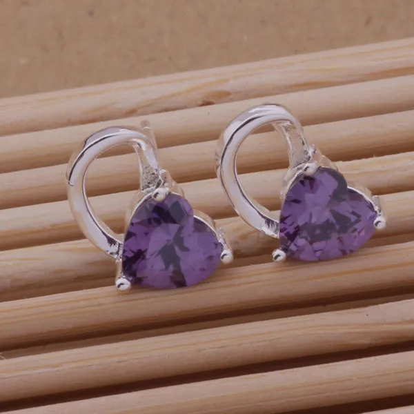 Fashion (Jewelry Manufacturer) 40 pcs a lot Big Purple heart diamond earrings 925 sterling silver jewelry factory Fashion Shine Earrings