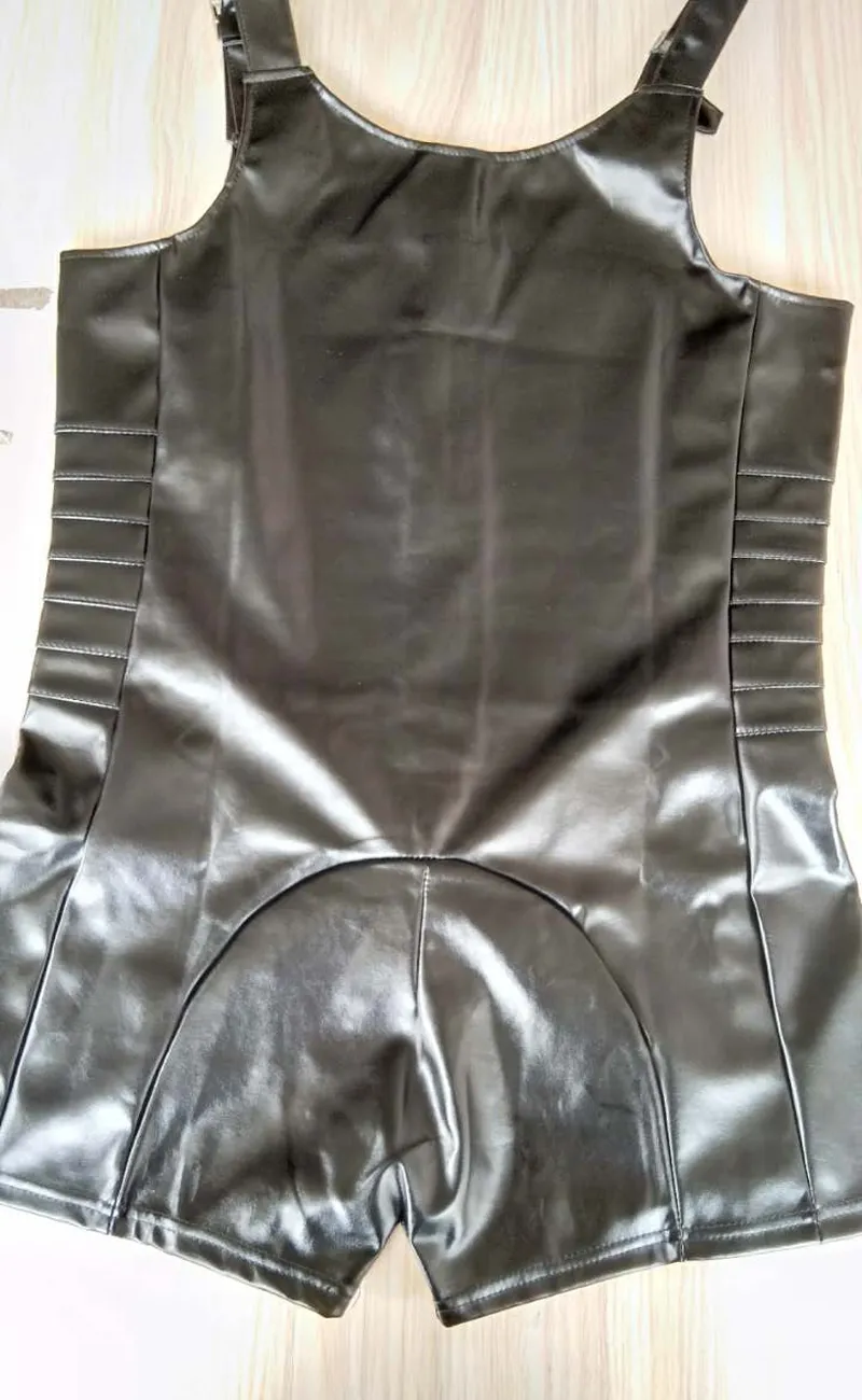 Mode män sexig svart faux läder bodysuit bondage tank jumpsuit punk dragkedja främre catsuit fetish manlig underkläder klubbkläder