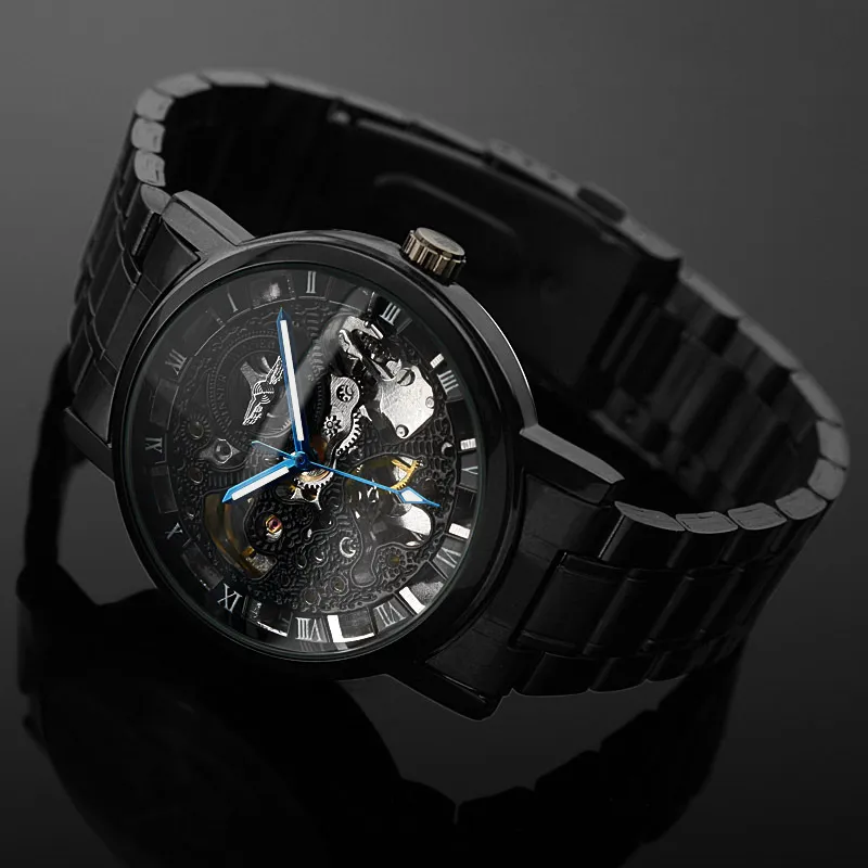 2022 Winner marca hombres esqueleto mecánico automático relojes Steam Punk negro reloj masculino reloj