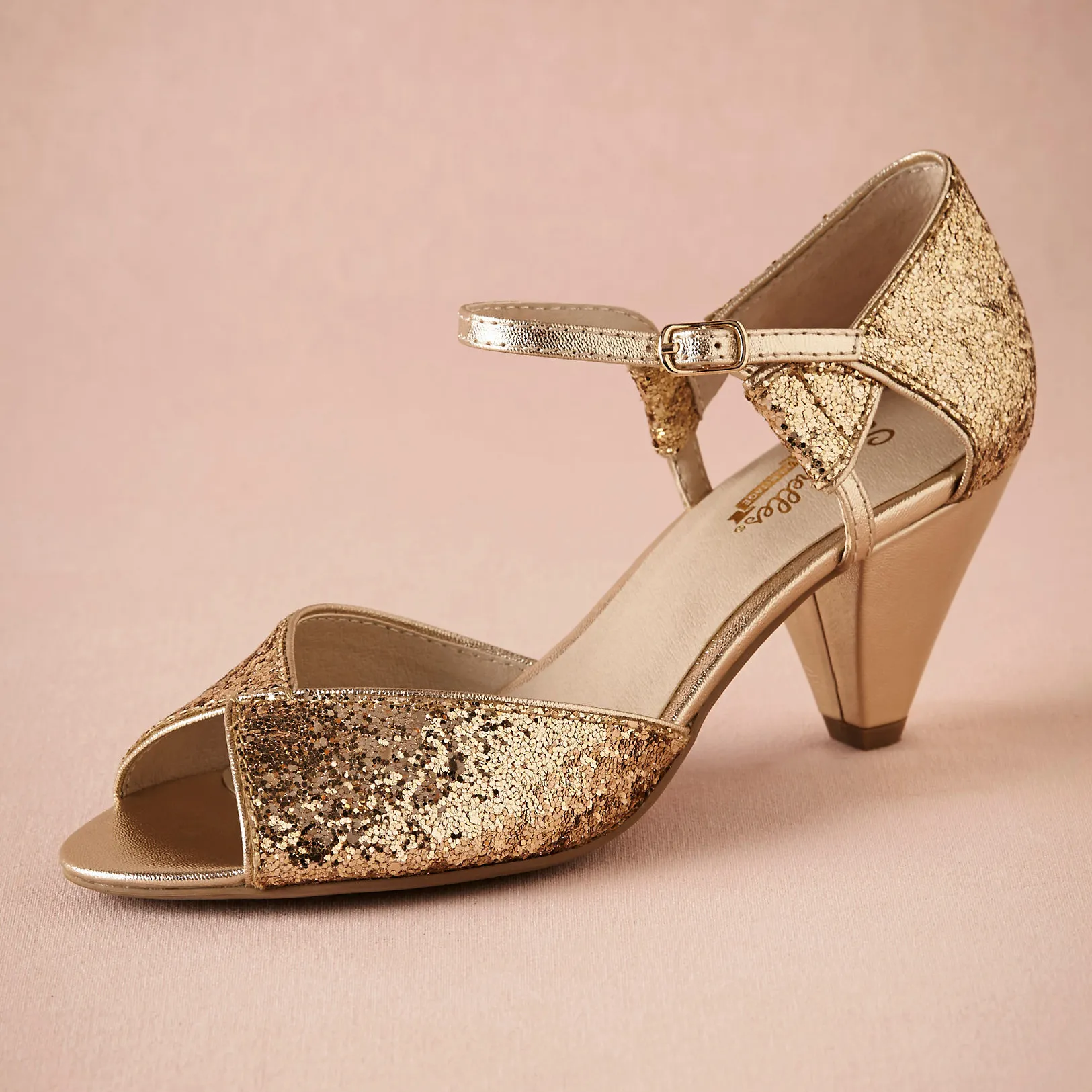 Gold Glitter Spark Свадебные Обувь Ручной Насосы Кожаные Удобные Удобные Насосы Toe 2.5 "Кожаные Конусные каблуки Женщины Сандалии Танцы Обувь