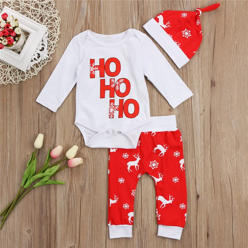 Abbigliamento natalizio bambini Fiocco di neve Stampa cervo Abiti in cotone Bambino neonato Neonate Ragazze Pagliaccetto Pantaloni Cappello 3 pezzi Abiti Set Vestiti neonati