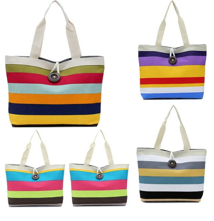 Mode strepen canvas schoudertote handtas reizen eco recycle boodschappentas schoudertas bolsas regenboog boodschappentassen 6 kleuren