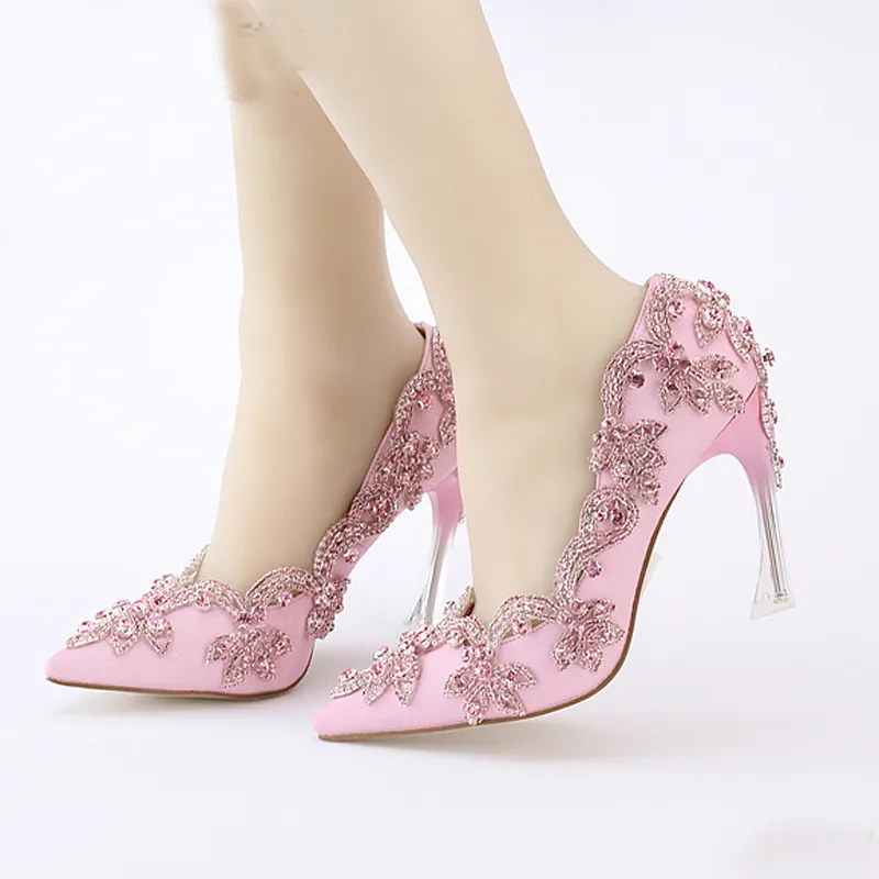 Spring New Arrival Pink Rhinestone Formal Dress Shoes Satin Crystal Bridal Wedding Shoes Pointed Toe Beautiful Party High Heels