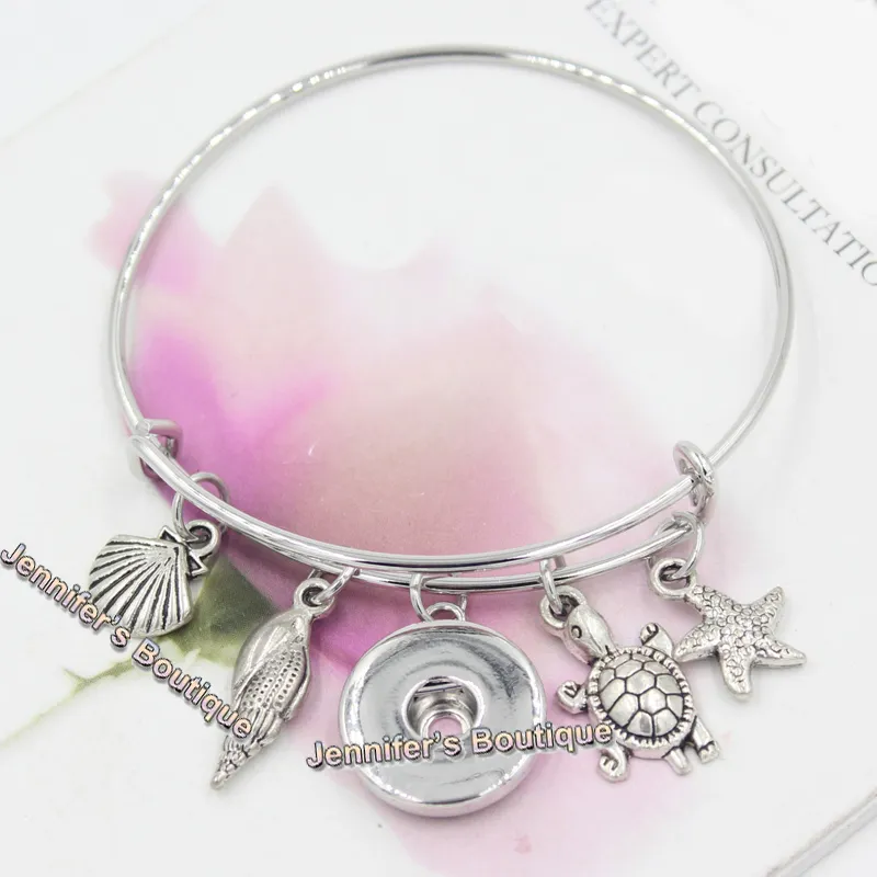 Nytt mode gör-det-själv Utbytbara Snap Smycken Sommar Ocean Turtle Sea Shell Conch Sjöstjärna Berlocker Snap Armband Armband för kvinnor Smycken