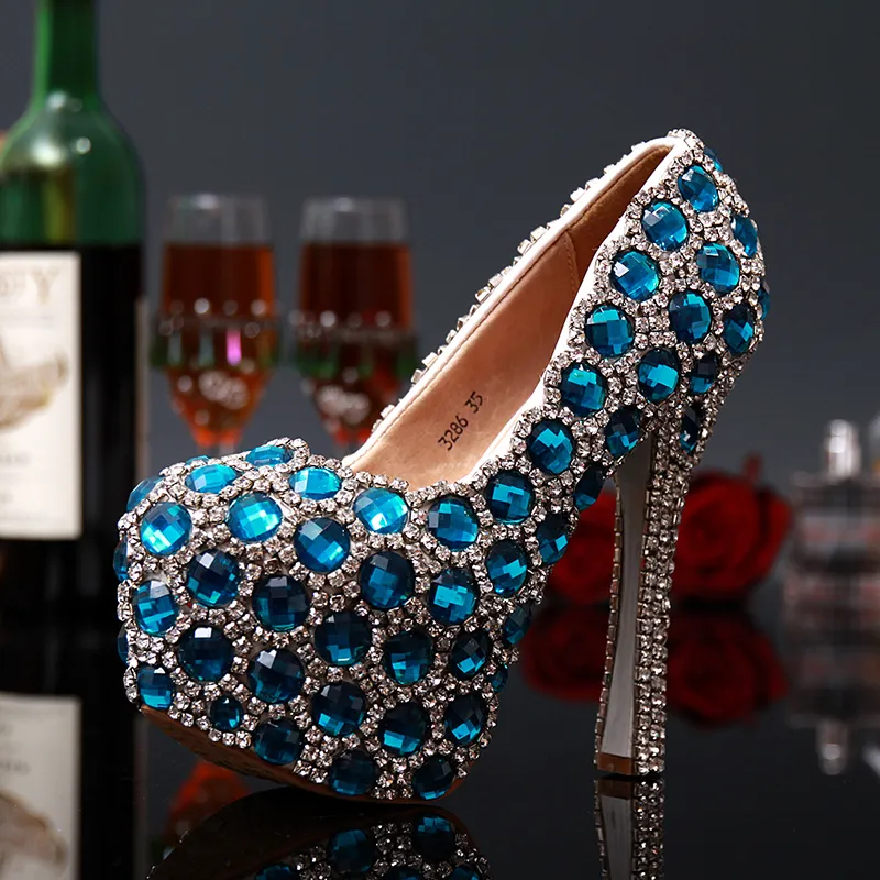 Mode nouveau mariage chaussures de mariée femme à talons hauts bleu cristal femmes chaussures fête la nouvelle princesse strass femmes chaussures