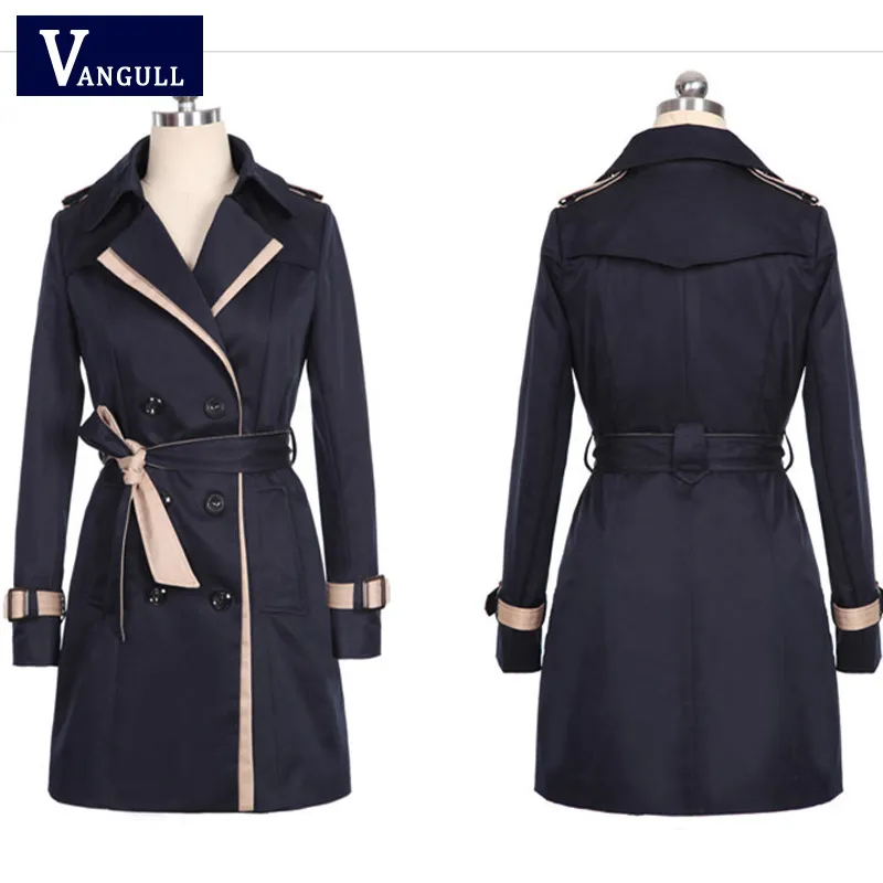 Hurtownia-Vangull Trench Coat dla Kobiet 2016 Moda Turn-Down Collar Double Breasted Contrast Color Długie Płaszcze Plus Size Casaco Feminino