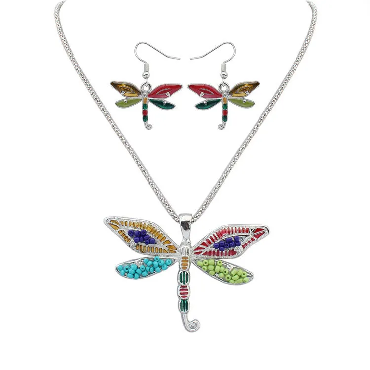 Ny Punk Style Fashion 18kgp / 925 Silver LifeLike Drip Rainbowful Dragonfly Shape Smycken Set Legering Halsband Örhängen Tillbehör för kvinnor