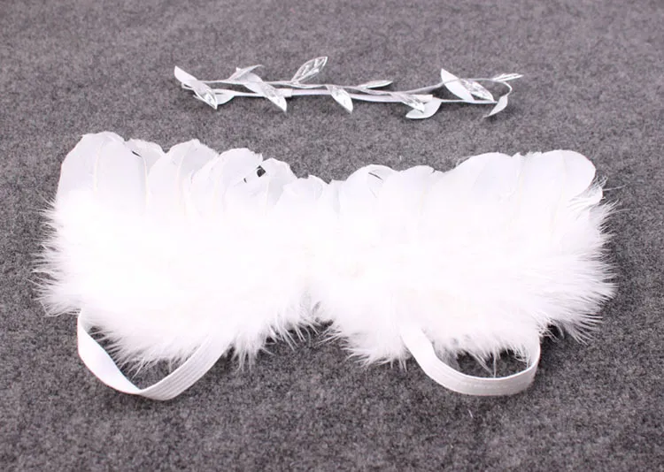 1 zestaw niemowląt Baby Olive Leaves Leaf Headband White Feather Angel Wing Couture Newbron Christening Hair Band Fotografia rekwizyty zestaw YM6129