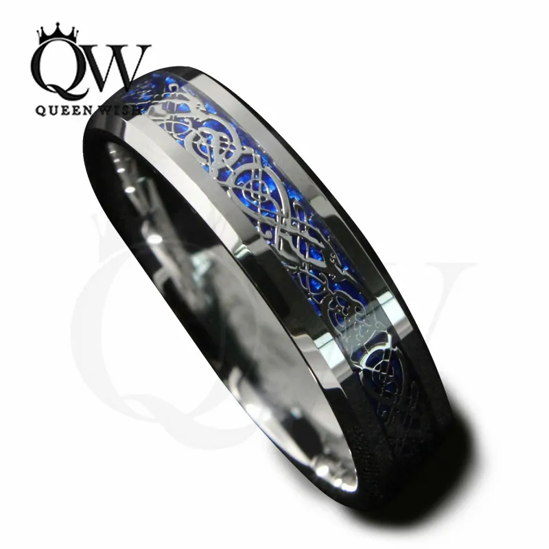 Mens Celtic Rings 6mm / 8mm Tungsten Karbid Bröllopsband Blå Bakgrund Silver Celtic Dragon Inlay Med Blå Bakgrund Mode Smycken