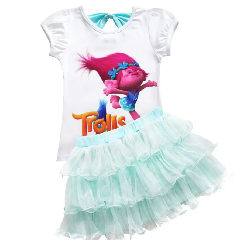 Trolls Baby Girl Clothes Summer Casual Sets Children Cotton Tshirt skirt Dress Suits Birthday Kids Clothing