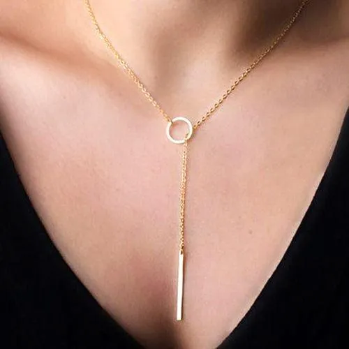Collana Lunga A Strati Oro: Gioiello A Y Con Cerchi Intrecciati E Barra, Regalo Per Donne