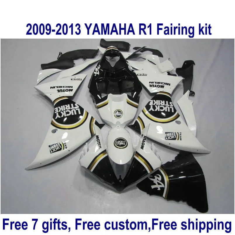ABS 오토바이 페어링 키트 YAMAHA YZF-R1 2009-2011 2012 2013 검은 색 흰색 LUCKY STRIKE YZF R1 페어링 세트 09-11 12 13 HA59