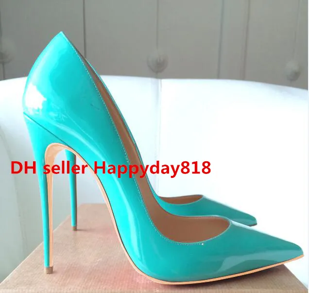 Casual Designer Office Lady fashion women shoes real photo turquoise patent leather pointy toe stiletto stripper High heels Prom Evening pumps large size 44 12cm