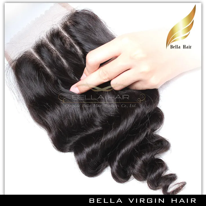 Fasci di capelli Bella Hair 8A con chiusura estensioni brasiliane trama superiore pizzo nero onda sciolta testa piena5582697