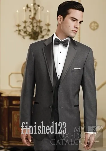 Custom Made Two Button Dark Grey Groom Tuxedos Notch Lapel Groomsmen Best Man Wedding Prom Dinner Suits (Jacket+Pants+Vest+Tie) G5161