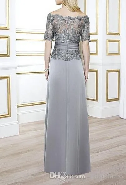 Abiti eleganti la madre della sposa in chiffon di raso grigio chiaro con cerniera superiore in pizzo abiti la madre con spalle scoperte personalizzati M273R