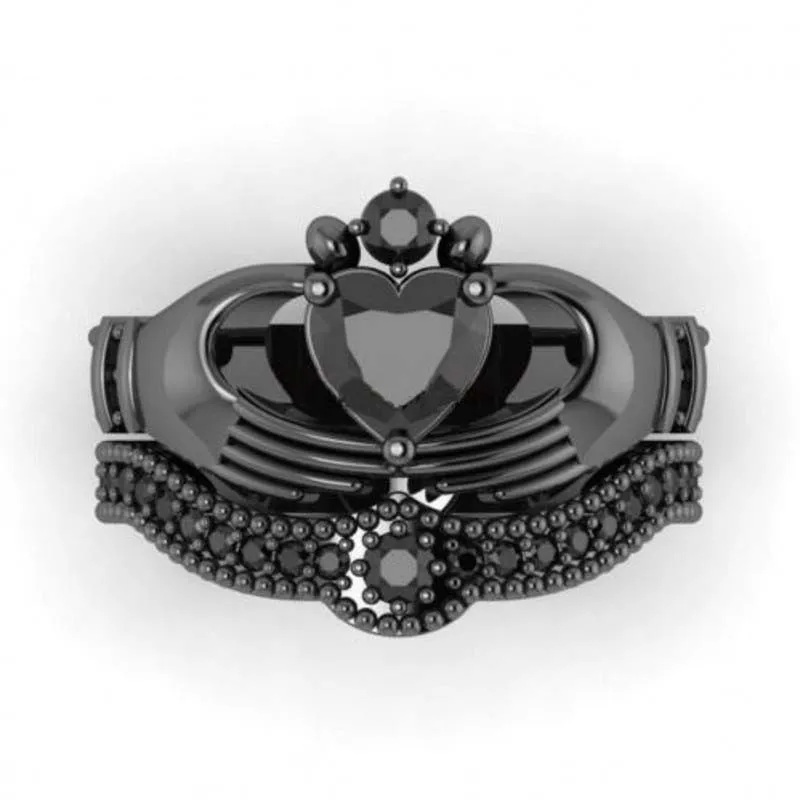 Toppförsäljning Partihandel Hjärtring Mode Smycken 10kt WhiteBlack Guldfylld Dropshopping Sapphire Claddagh Kvinnor Bröllop Bröllop Ring Set