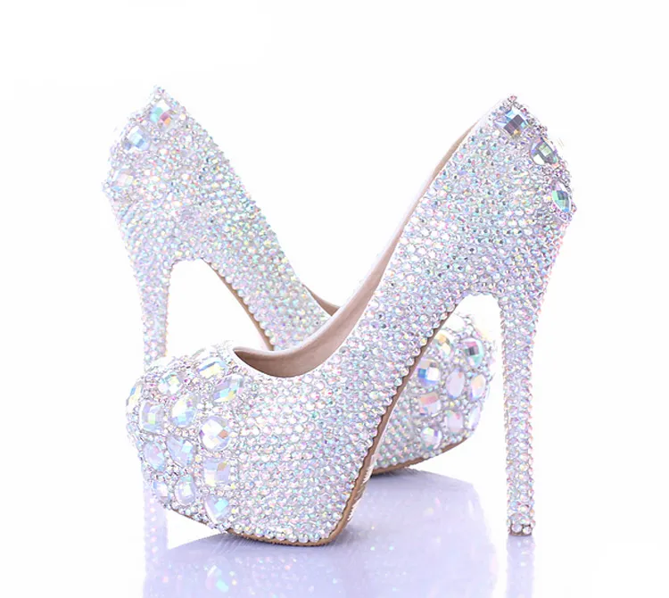 10/12/14cm Stiletto Heel Wedding Shoes Luxury Sparkly AB Crystal Bride Formal Dress Shoes Platform Rhinestone Party Prom Heels