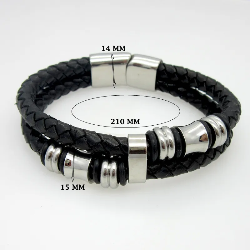 Two-tone Black Genuine Leather With Stainless Steel Mens Chain Bracelet Bangle 8.26 inch